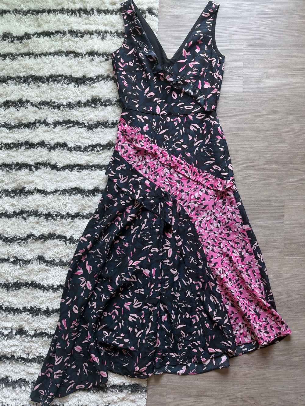 SALONI Black & Pink Floral Ruffle V-Neck Midi Dress